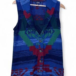 Vintage 90s Blue & Aztec Print Knit Vest  boho western Chaps Ralph Lauren